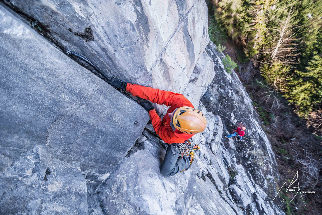 Climber is mixed-climbing in the candian rockies